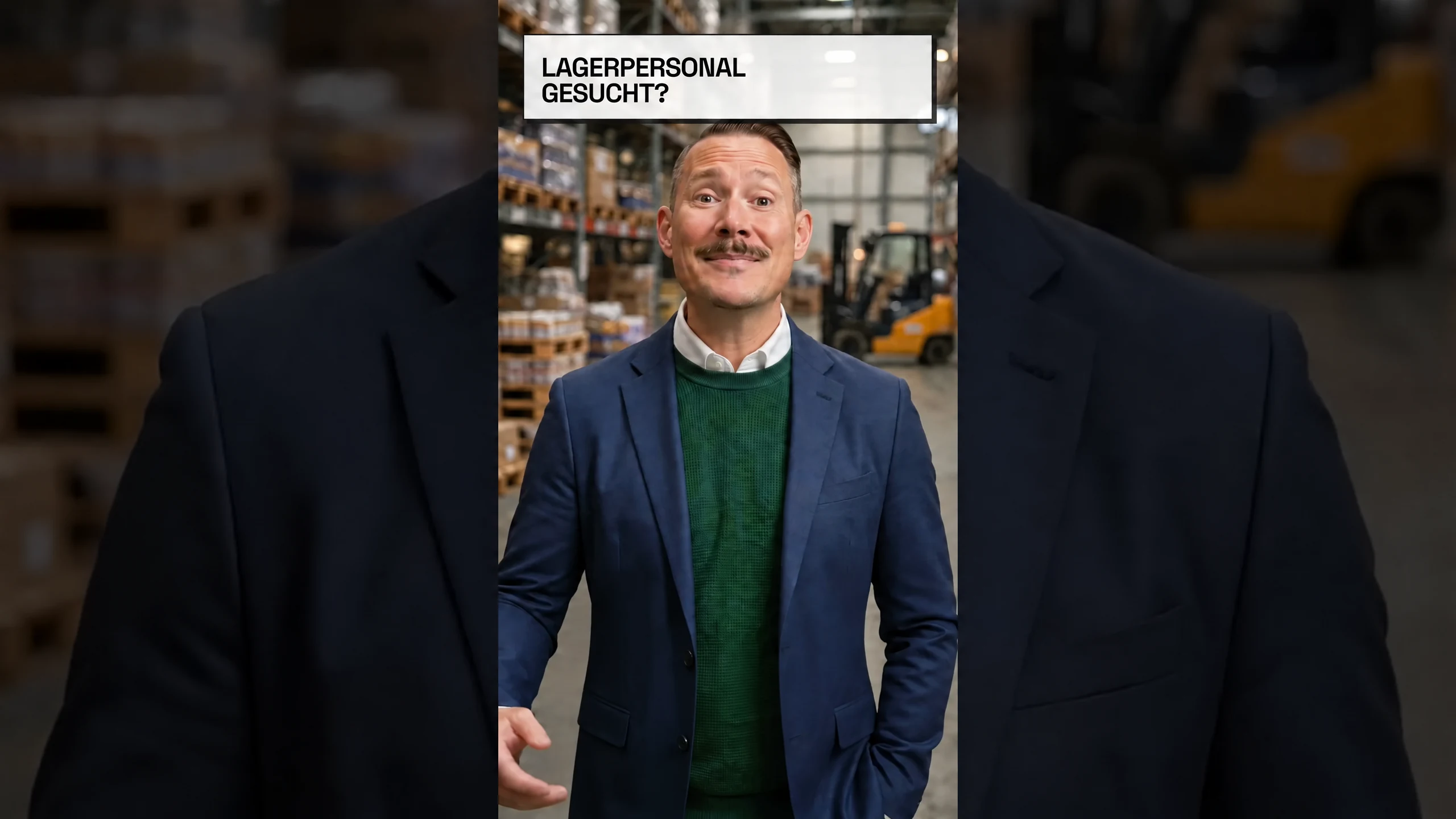 Mann im Lager mit geschlossenem Mund; darüber der Hinweis Lagerpersonal gesucht?